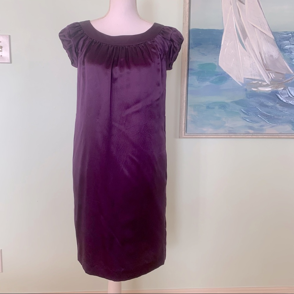 🏷️ Banana Republic Purple Silk Pleated Dress S Petite